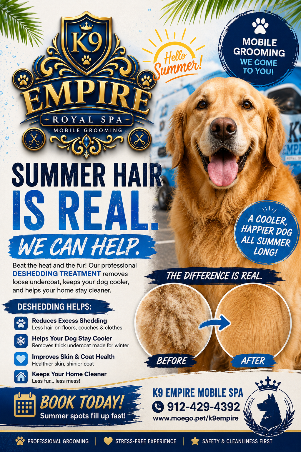 K9 Empire summer deshedding advertisement featuring a golden retriever